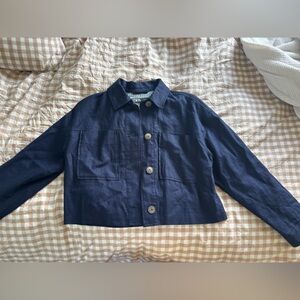 Zara Linen Navy Blue Lined Cropped Jacket